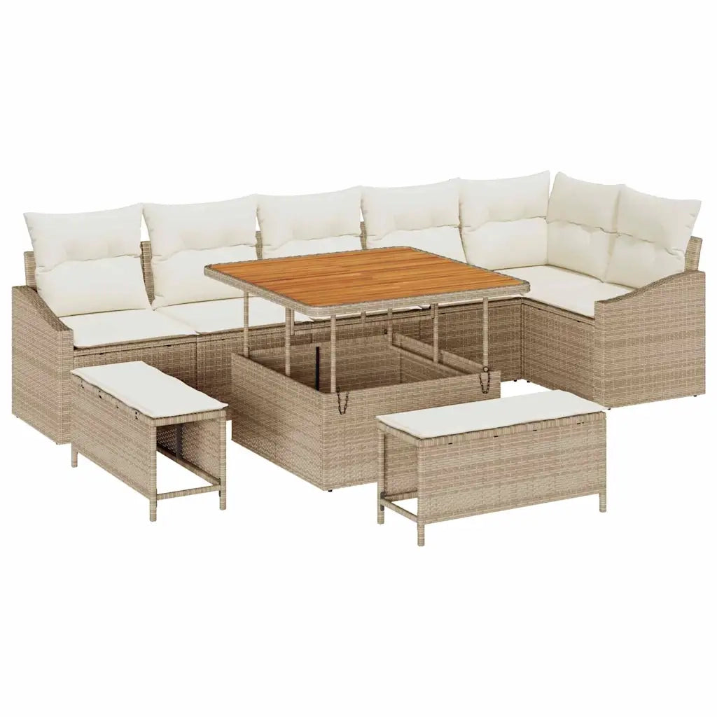 Set Divano da Giardino con cuscino 9 pcs Beige Poly Rattan