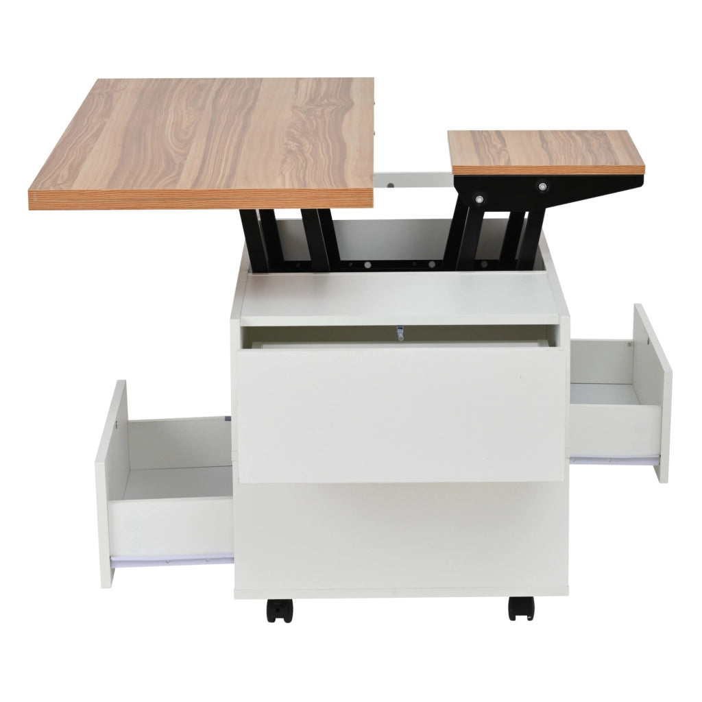 Tavolino da caffè 100x50x52 cm con piano sollevabile; 4 cassetti; ruote; truciolare bianco e naturale