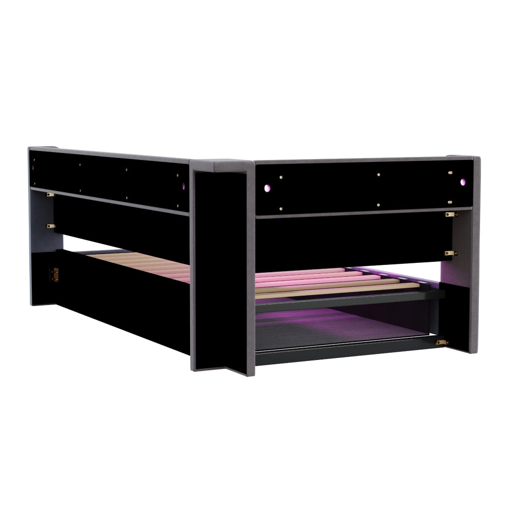 Letto contenitore singolo 90×200 cm con USB; Type-C; LED e ripiani; senza materasso; velluto; grigio