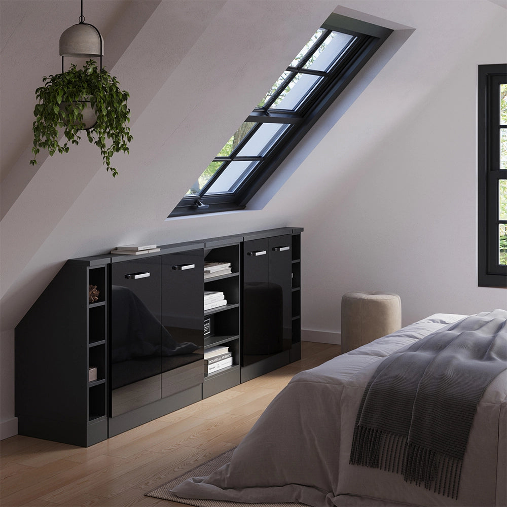 Mobile cucina sottotetto R-Line Nero lucido/Antracite 210 cm Set di 5 Vicco