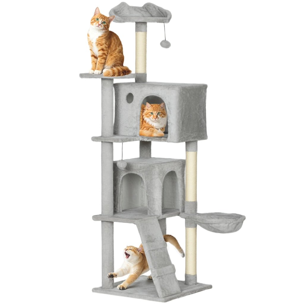 Albero Tiragraffi per Gatti con 2 Casette, Amaca e Lettino ¨C Zephmum ¨C Grigio 48x48x160 cm