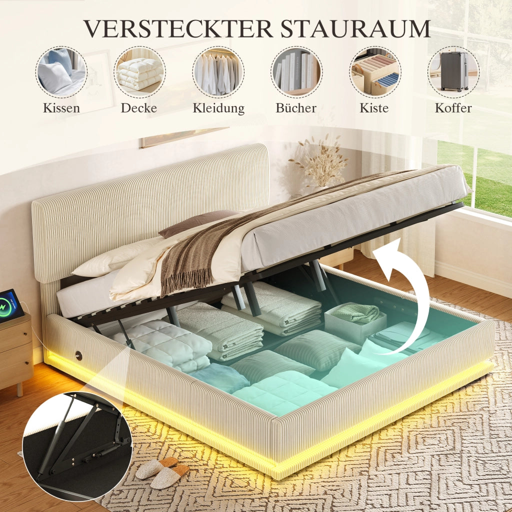 Letto Imbottito Contenitore con LED e Testiera Regolabile ¨C MINIMAL ¨C Velluto a Coste Beige 180x200