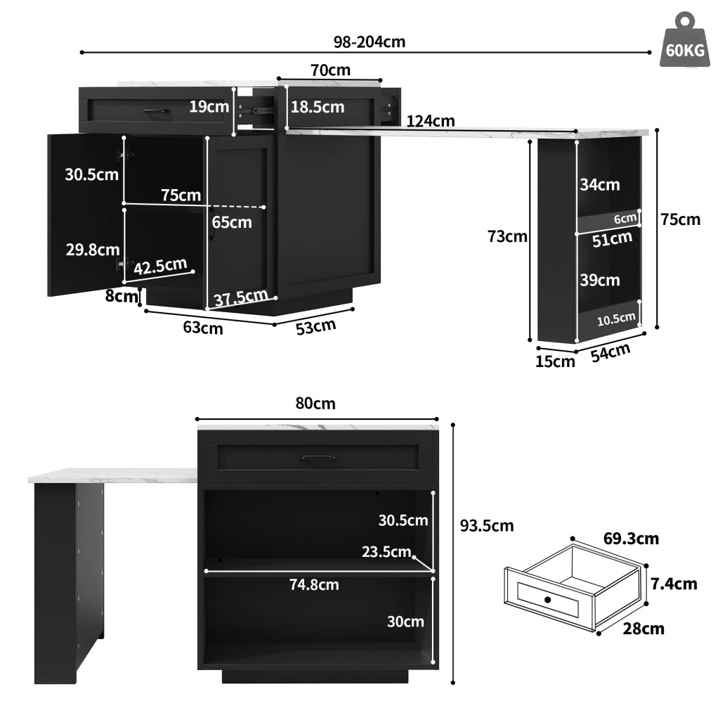 Tavolo bar estensibile nero con contenitore, MDF, ruote bloccabili 98-204 cm