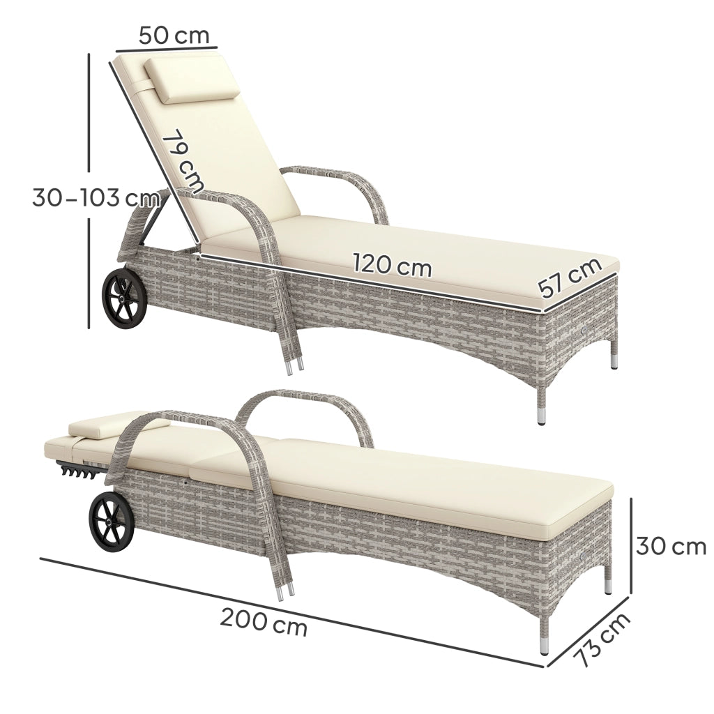 Lettino da spiaggia regolabile con materasso e rotelle ¨C zephmum ¨C grigio chiaro 200x73x30-103 cm