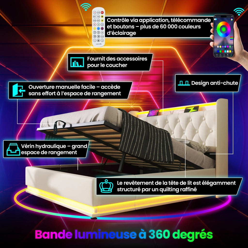 Letto Contenitore Matrimoniale 160x200 cm; LED; USB e Type-C; in PU Bianco