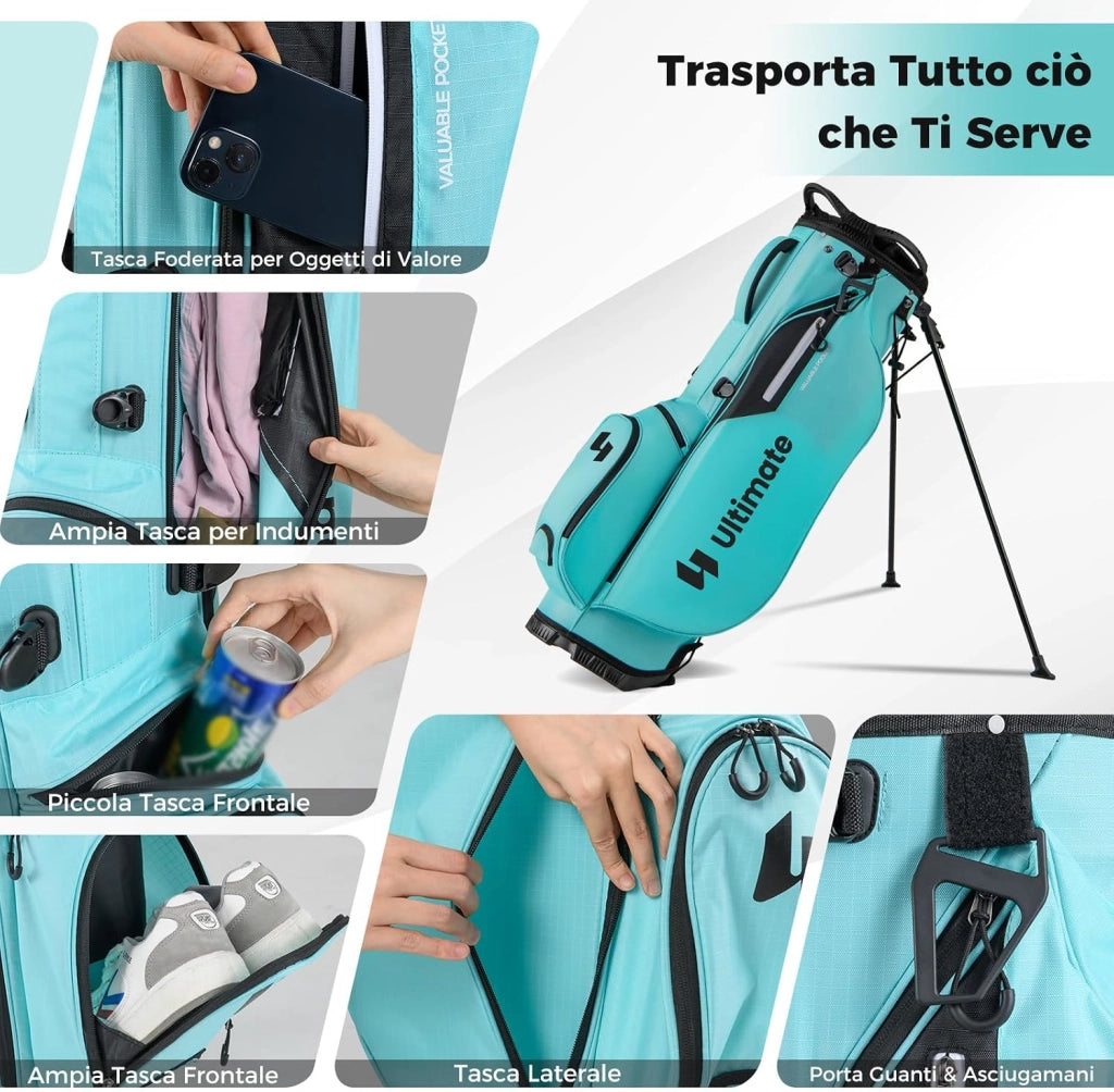 Borsa da Golf con Divisori Superiori a 8 Vie & 5 Tasche con Cerniera, Tracolla Regolabile a Doppia Spalla, Cappuccio Antipioggia e Portombrelli, Sacca da Golf per Donna e Uomo