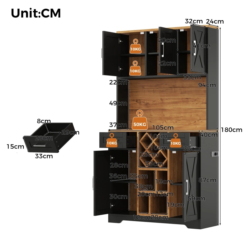 Dispensa alta con LED RGB prese integrate 2 cassetti vani aperti portabottiglie estraibile in MDF 105 × 40 × 180 cm