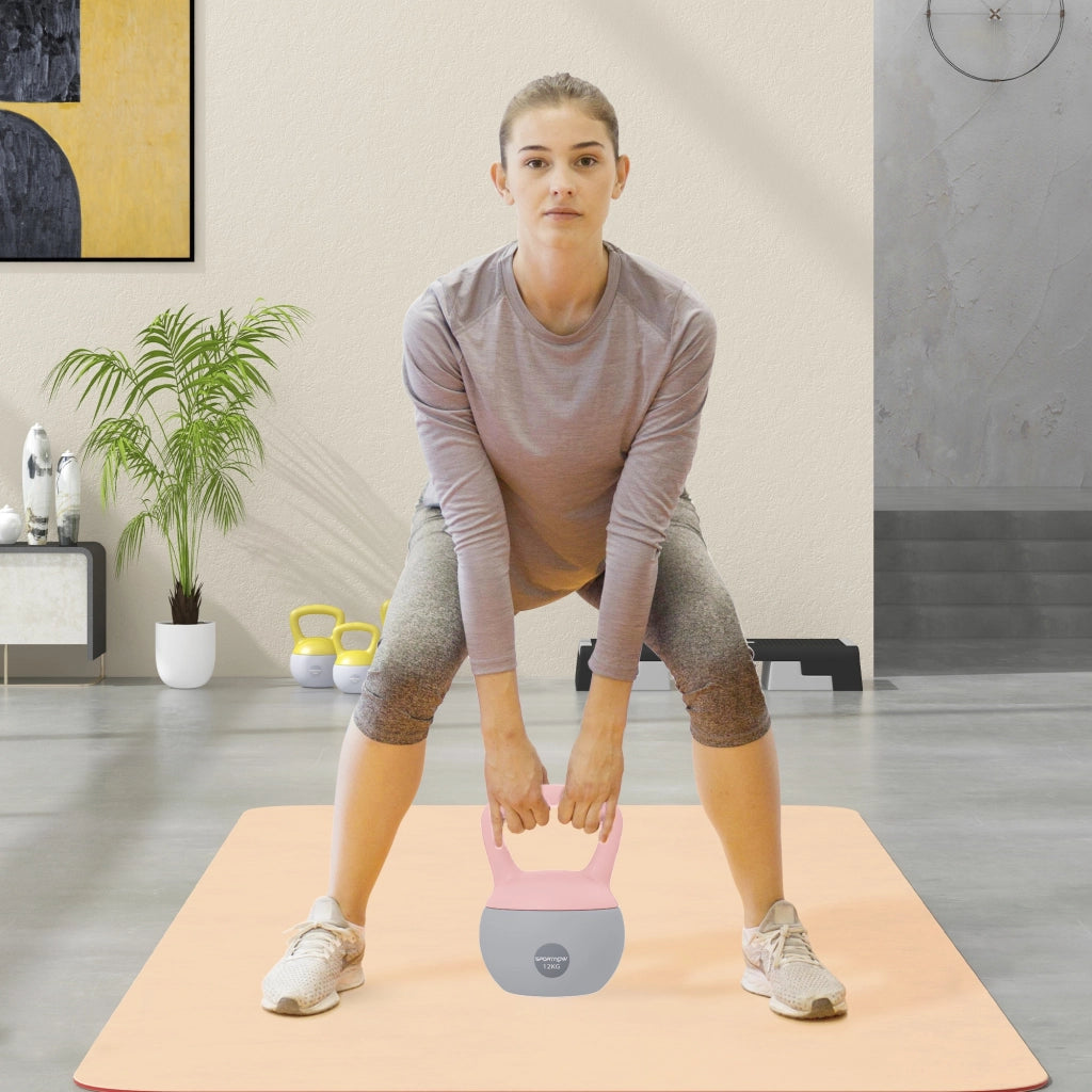Kettlebell 12 kg ¨C Xylo ¨C Rosa e Grigio, Impugnatura Antiscivolo, Riempimento Sabbia Metallica, 21x21x30 cm