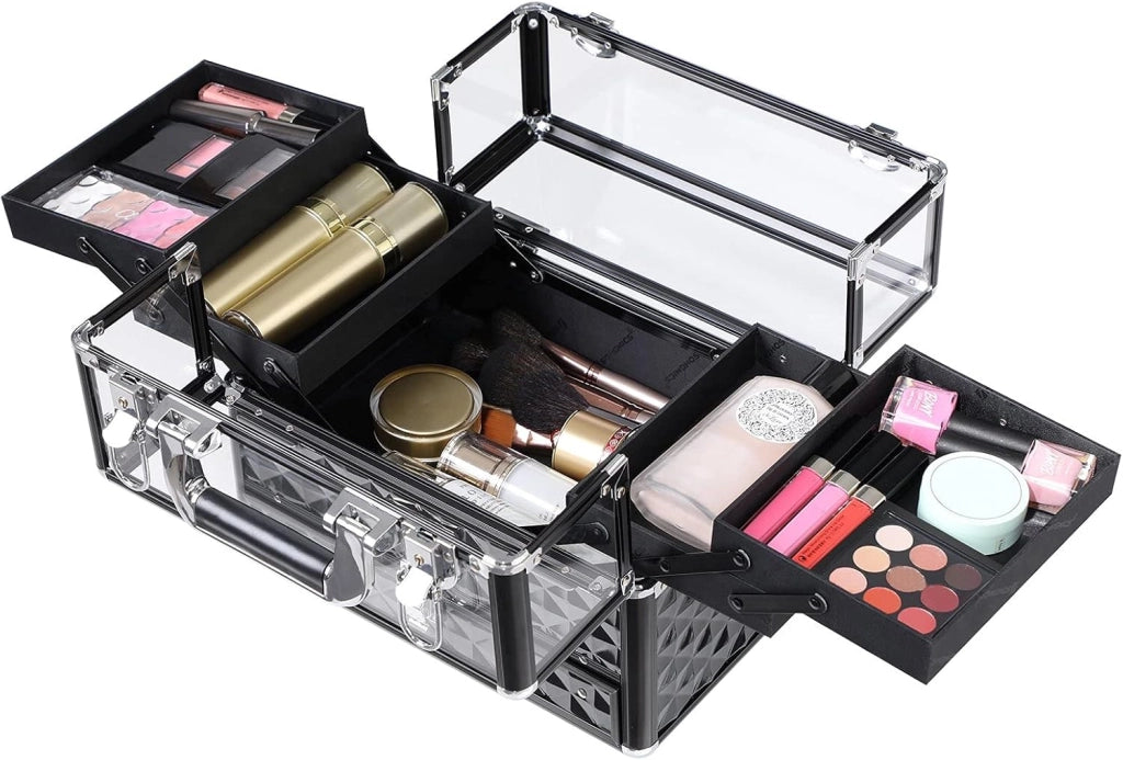 SONGMICS Beauty Case da Viaggio, Valigetta per Trucco, Arte e Unghi,con Coperchio Trasparente, Telaio in Alluminio, Cofanetto Diversi Vassoi per Truccatore, Nero JBC318B