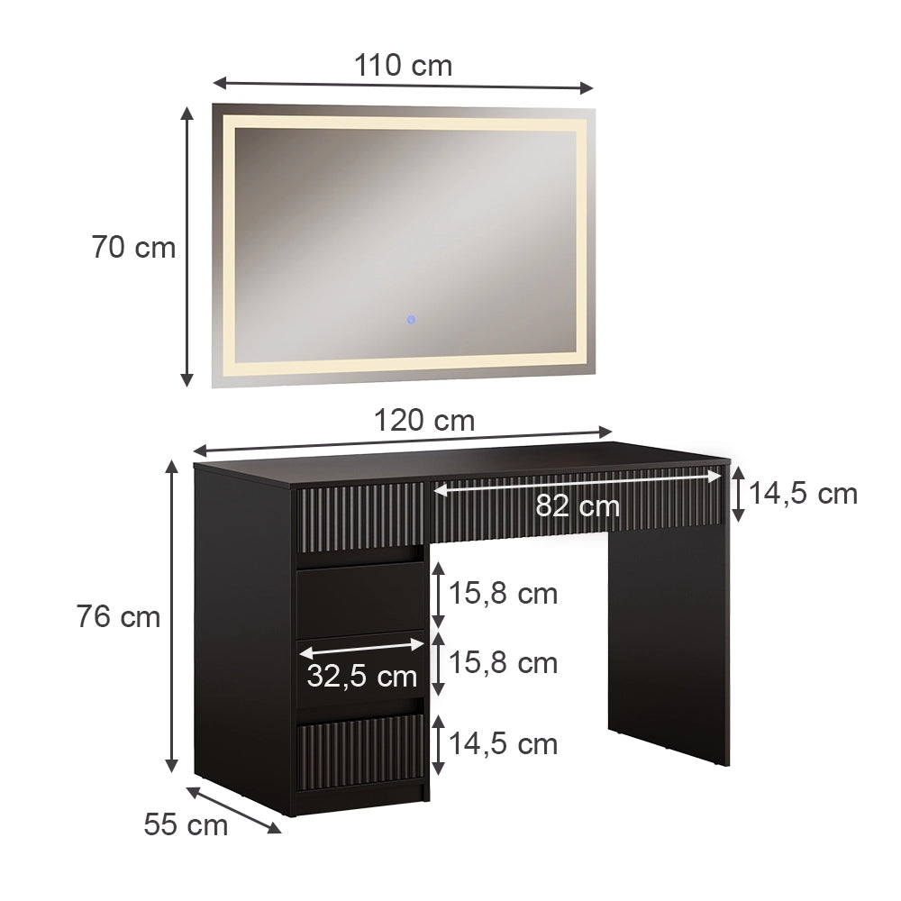 Vicco Tavolo da toilette Nero 120 cm con specchio a LED