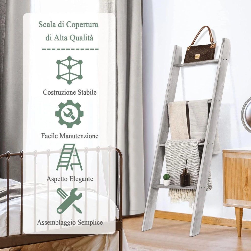 Scaffale di Stoccaggio in Legno di Pino, Porta Asciugamani a 4 Livelli per Bagno, Porta Salviette, Multiuso per Bagno Soggiorno (Grigio, 51 x 8 x 137 cm)