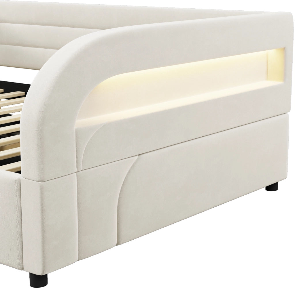 Letto imbottito 140x200 cm con contenitore idraulico e LED RGB in flanella beige