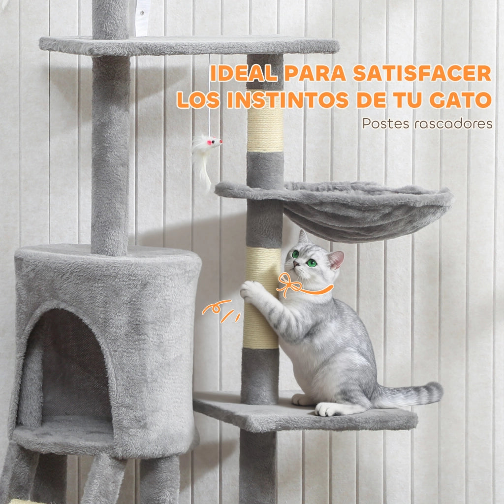 Tiragraffi per Gatti 134cm ¨C Xylo ¨C 6 Pali 3 Piattaforme Grotta Amaca Scala 4 Giochi Grigio