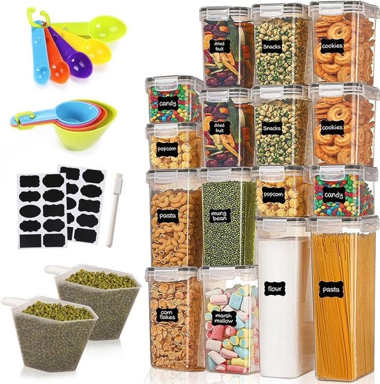 Set di contenitori per conservazione 16 pezzi BPA-free per il contenimento di pasta, muesli, riso, farina e per l'alimentazione degli animali domestici inclusi etichette e cucchiaio
