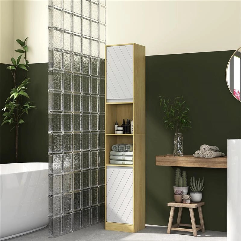 MOBILE COLONNA BAGNO SALVASPAZIO IN LEGNO CON 2 ARMADIETTI E RIPIANI 30X24X170 CM ROVERE E BIANCO