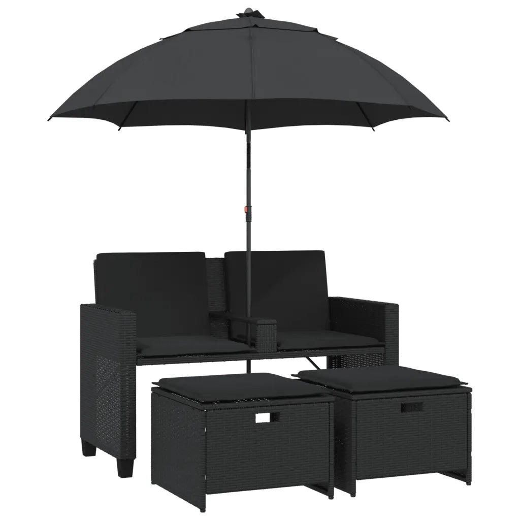 Divano Giardino 2 Posti-Sofa da Giardino-Divanetto da esterno Ombrellone e Sgabelli Nero Polyrattan 270598