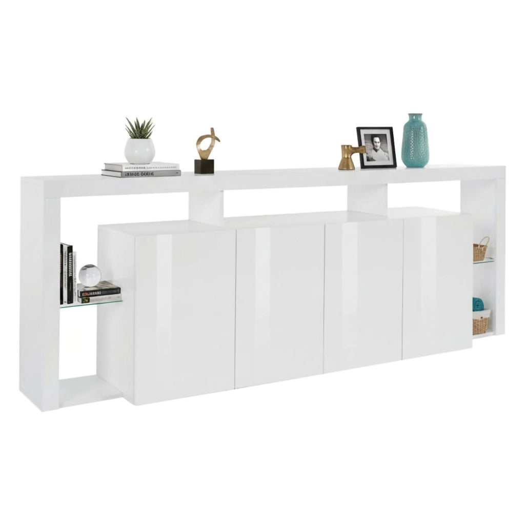 Credenza Atak, Buffet da soggiorno a 4 ante, Madia da salotto, Credenza moderna, 100% Made in Italy, 220x40h80 cm, Bianco lucido