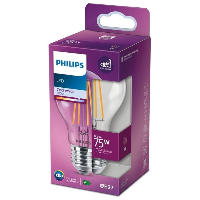 Philips 8718699762032 Lampadina LED Goccia A60 E27 8,5 W 1055 lm 4000K Bianco Freddo Trasparente colore Trasparente