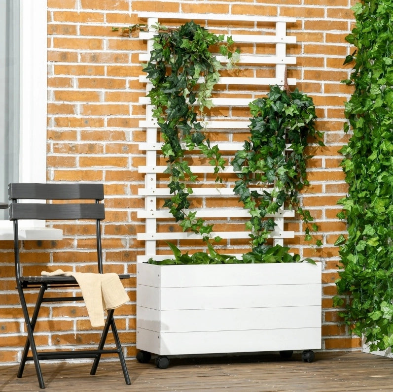 Fioriera in legno bianca con griglia e ruote 76 x 30 x 155 cm