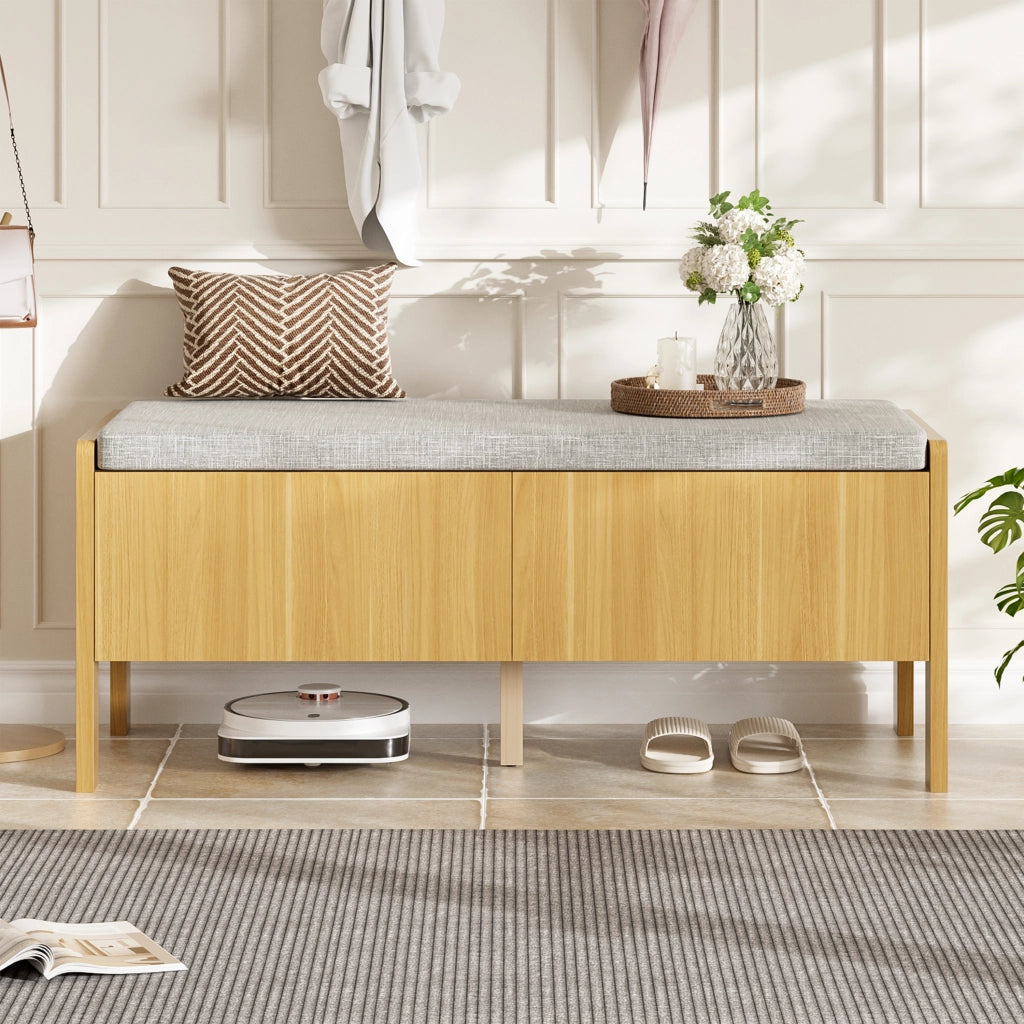 Panca contenitore con seduta, laterali in rattan, 2 cassetti, colore naturale e grigio, 113 ¡Á 45,5 ¡Á 40 cm