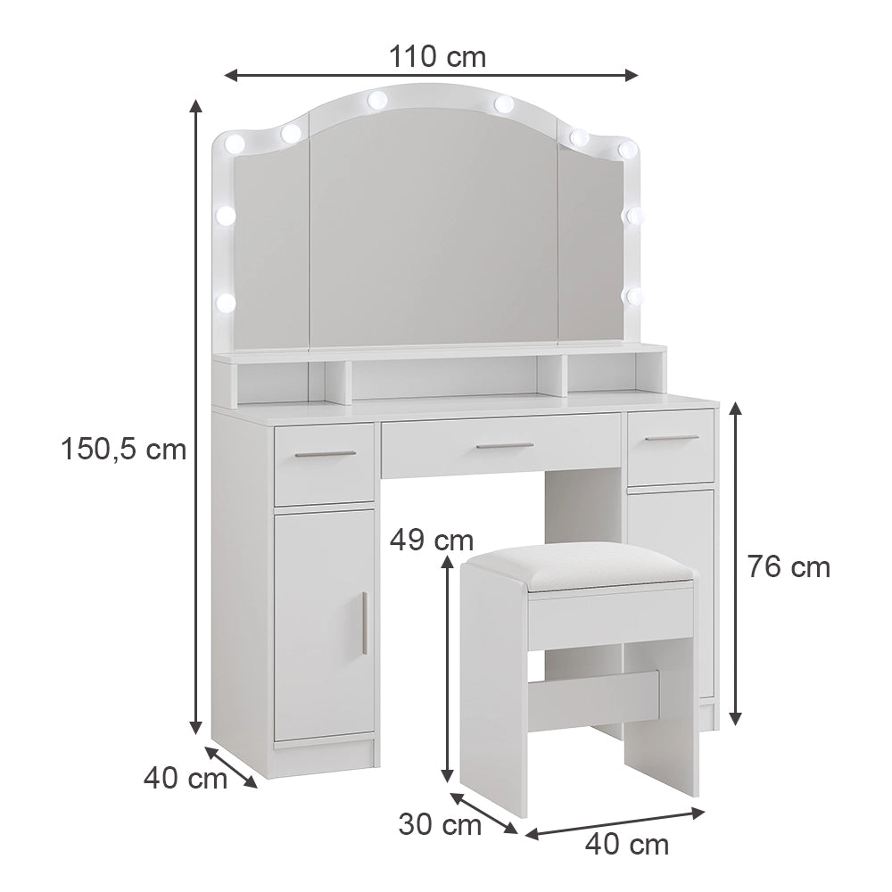 Vicco Tavolo da toilette Bianco 110 cm con specchio LED e sgabello