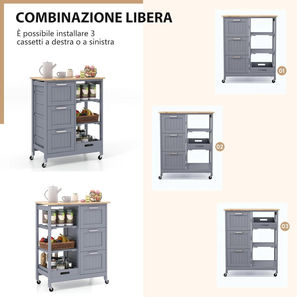 Carrello da Cucina con Ruote, Credenza Cucina con 4 Ripiani e 3 Cassetti, in Legno, Ideale per Cucina Ristorante e Bar, 67 x 37 x 83,5 cm (Grigio)