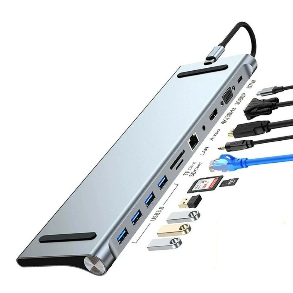 Trade Shop - Hub 11 In 1 Usb Type C Adattatore Con Hdmi 4k Vga Ethernet Lan Sd Audio Pd Hu990 -