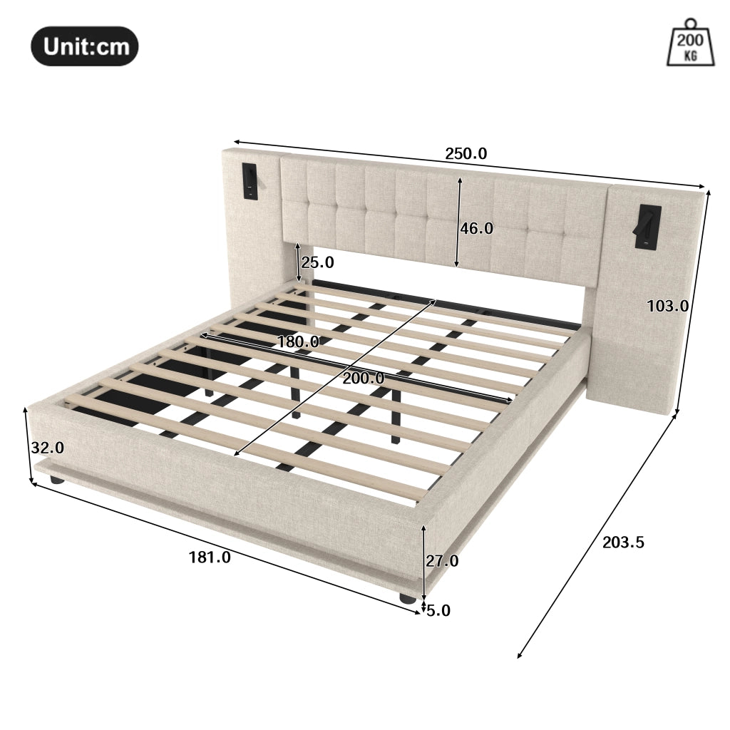 OKWISH Letto Imbottito 180×200 cm, Letto Matrimoniale con LED Regolabile, USB e Lampada da Lettura, senza Materasso, Lino, Beige