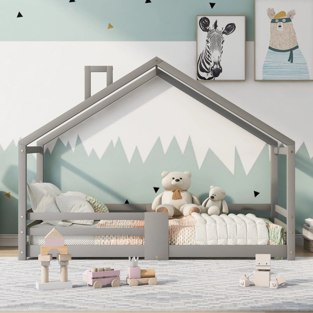 Letto Casetta Letto Singolo 90×200 cm con Sponde di Sicurezza e Tetto con Camino; senza Materasso; Grigio