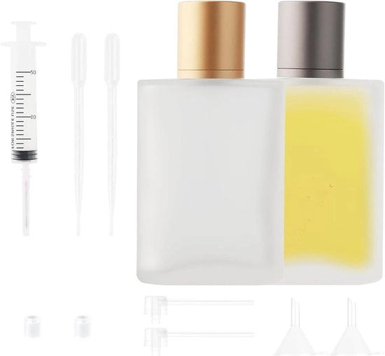 Set di 2 flaconi di profumo da 100 ml in vetro portatile - Rifornibili per viaggi, cosmetici, feste, appuntamenti (Accessori inclusi)