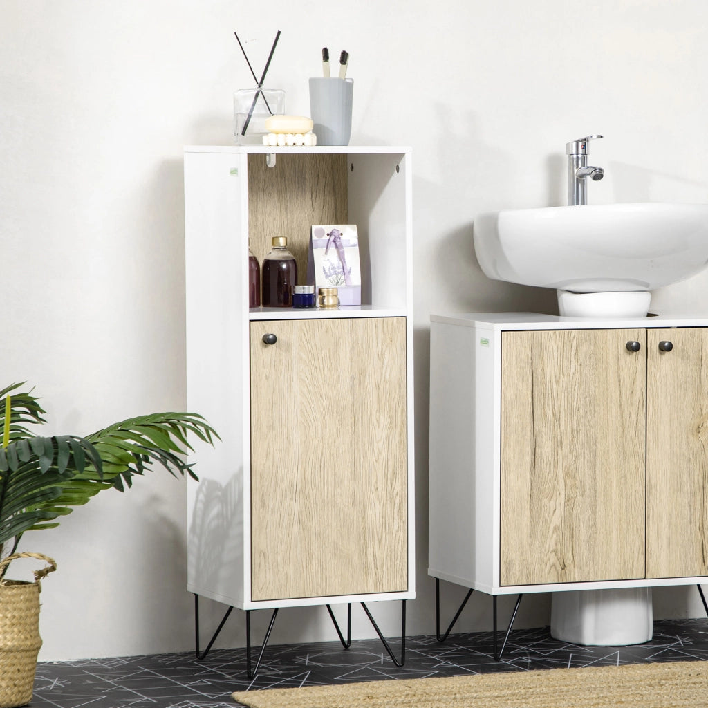Mobile Bagno con Anta e Ripiano Aperto ¨C zephmum ¨C Legno, Quercia e Bianco, 31.5x30x91cm