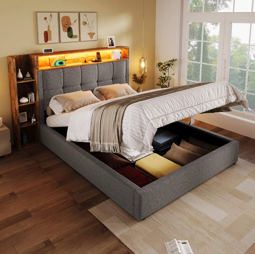 Letto imbottito ULEVR 90x200 cm con contenitore idraulico, LED, USB e Type-C, lino grigio