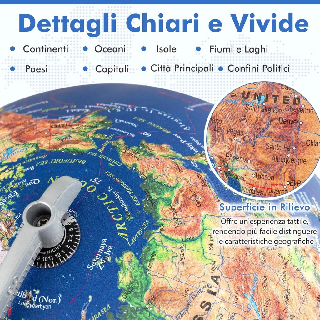 COSTWAY Mappamondo con Luce, Globo Terrestre Illuminato da 30 cm, Supporto in Legno, Decorazione Educativa in l’Inglese, per Casa, Ufficio e Scuola