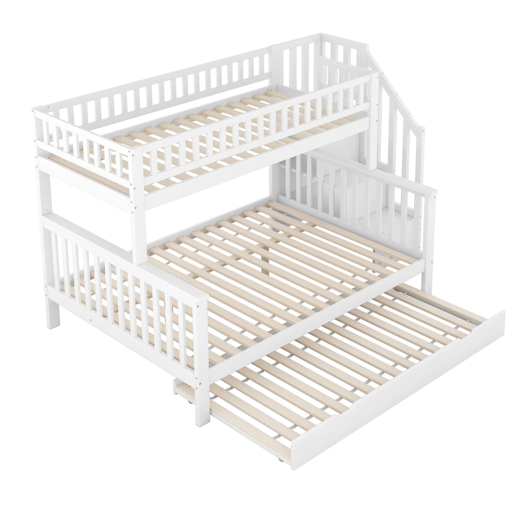 Letto a castello ULEVR 90x200 e 140x200 cm con letto estraibile, scala contenitore, pino e MDF, bianco