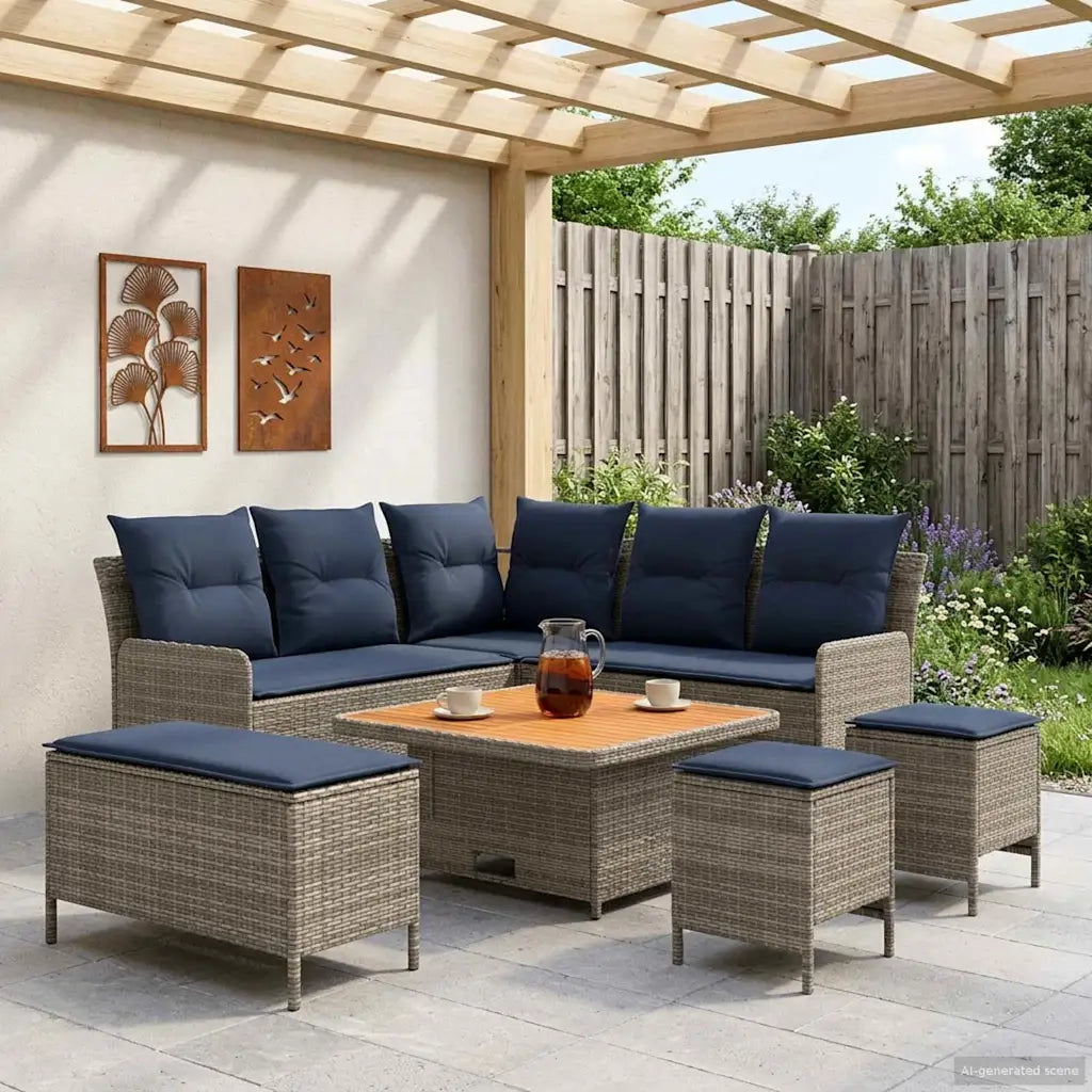 Set di Mobili con cuscino 7 pcs Grigio e Blu Navy Rattan in PE