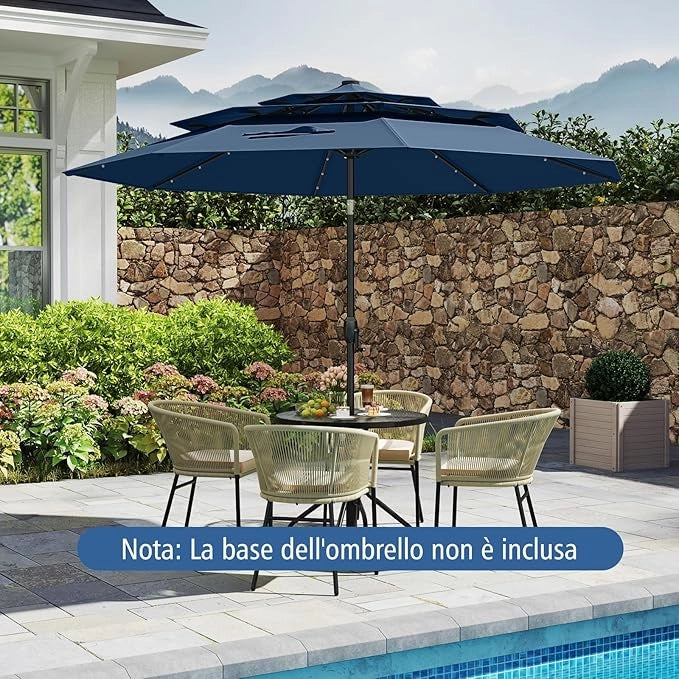 Ombrellone da Patio 313 cm con 32 Luci LED, Tetto Ventilato a 3 Piani, Inclinazioni Regolabili, Manovella, 8 Stecche, Ombrellone da Giardino, Piscina, Spiaggia