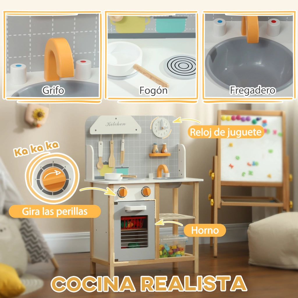 Casetta Cucina Bambini in Legno con Accessori Grigio ¨C Zephmum ¨C 90x40x100 cm