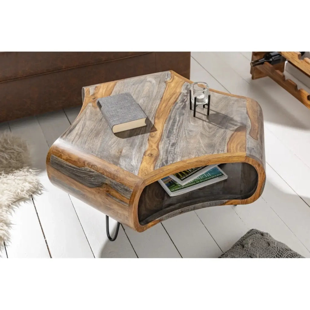 Tavolino basso NERA 80 cm in legno massiccio di Sheesham marrone e grigio con nicchia – design retro industriale