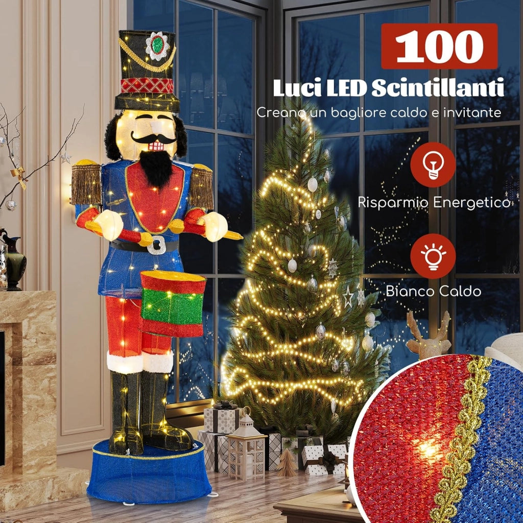 Soldato di Natale Illuminato 185 cm, Soldatino Schiaccianoci Illuminato con 100 Luci LED, Decorazioni Natalizie per Interno ed Esterno (Modello 2)