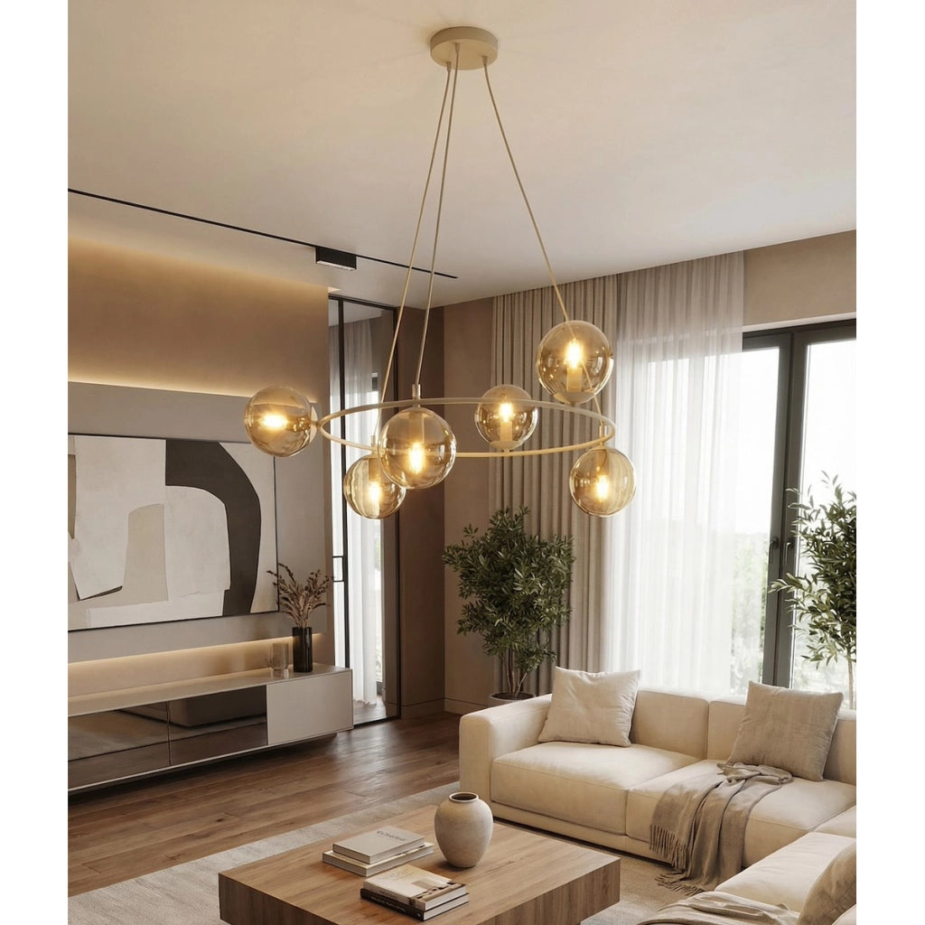 Lampada a sospensione AZURA in acciaio beige e vetro ambrato