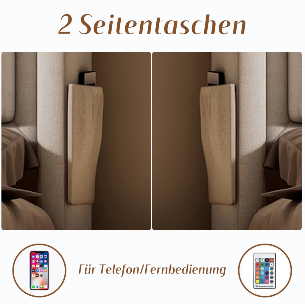 Letto imbottito 140x200 cm con LED; porte USB e USB-C; 4 cassetti; beige in tessuto cotone e lino