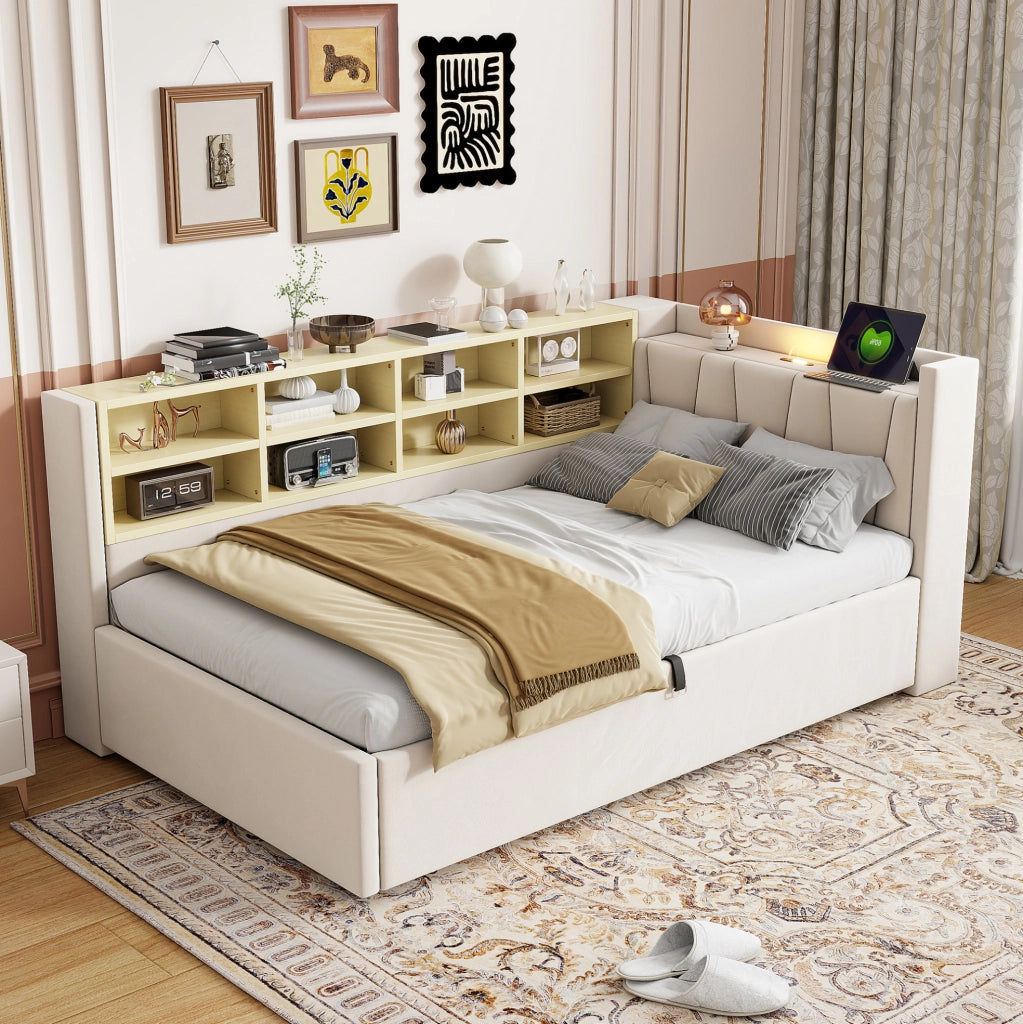 Letto imbottito 90x200 cm con contenitore idraulico e porte USB e Type-C in velluto