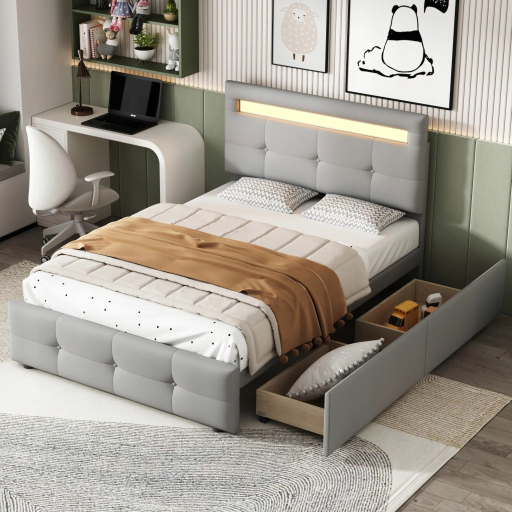 Letto singolo LED con 2 cassetti - Xylo - 90x200 cm, grigio, per bambini