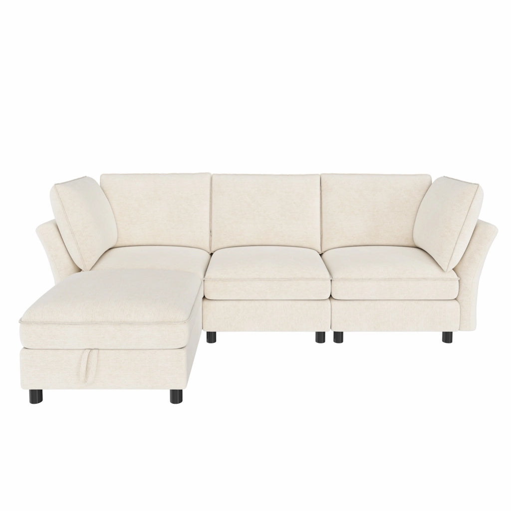 Divano modulare a L con pouf contenitore, 4-5 posti, tessuto chenille, beige