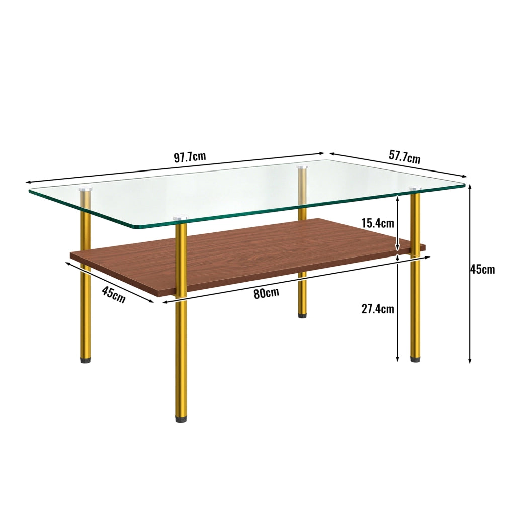 Tavolino da caffè 98x58x45 cm con piano in vetro e ripiano in MDF; struttura in metallo; marrone oro