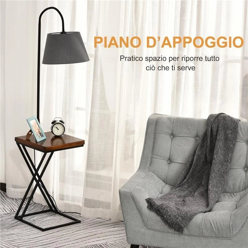 LAMPADA DA TERRA CON RIPIANO E CARICATORE WIRELESS IN ACCIAIO E LEGNO