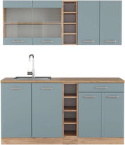 Cucina completa R-Line, Rovere blu-grigio/oro, 160 cm, PL Rovere, adatto per combinazioni ed espansioni personalizzate
