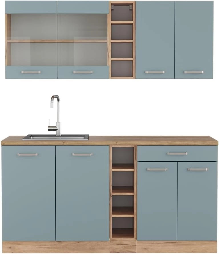 Cucina completa R-Line, Rovere blu-grigio/oro, 160 cm, PL Rovere, adatto per combinazioni ed espansioni personalizzate