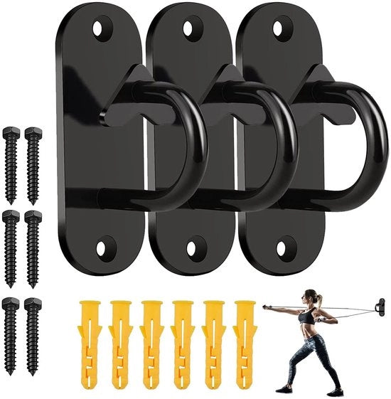 Anker per pare di cinghie di resistenza - Altezza da parete per allenatore di sospensione - Altezza da soffitto in acciaio - Massimo 150 kg - Set di 3 anelli da parete - Dimensioni 10,5 x 4 x 6,2 cm