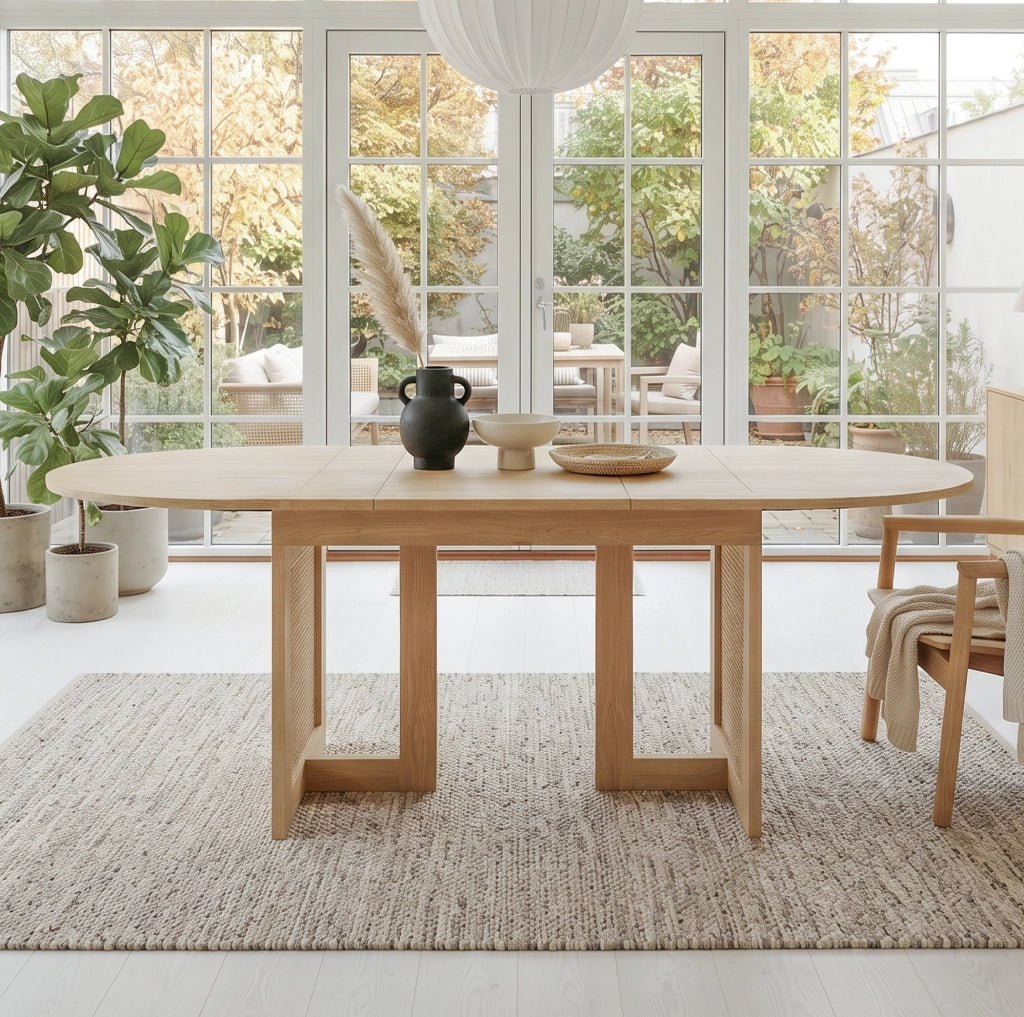 Tavolo da pranzo allungabile 120/160x80 cm; rovere; in MDF con gambe effetto rattan